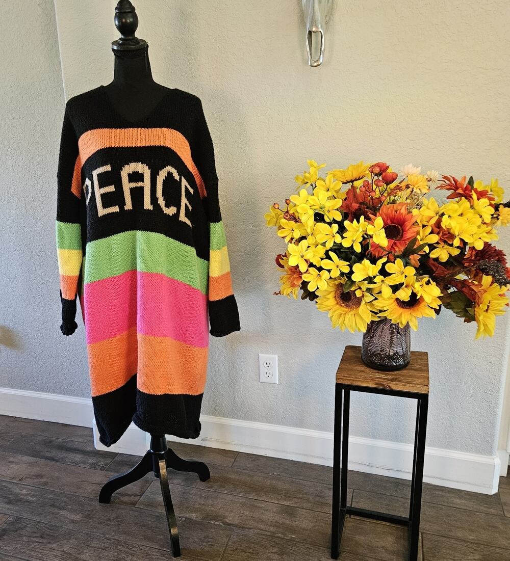 "PEACE" Color Block V-Neck Long Sleeve Sweater Dress L/XL Oversized VGUC READ